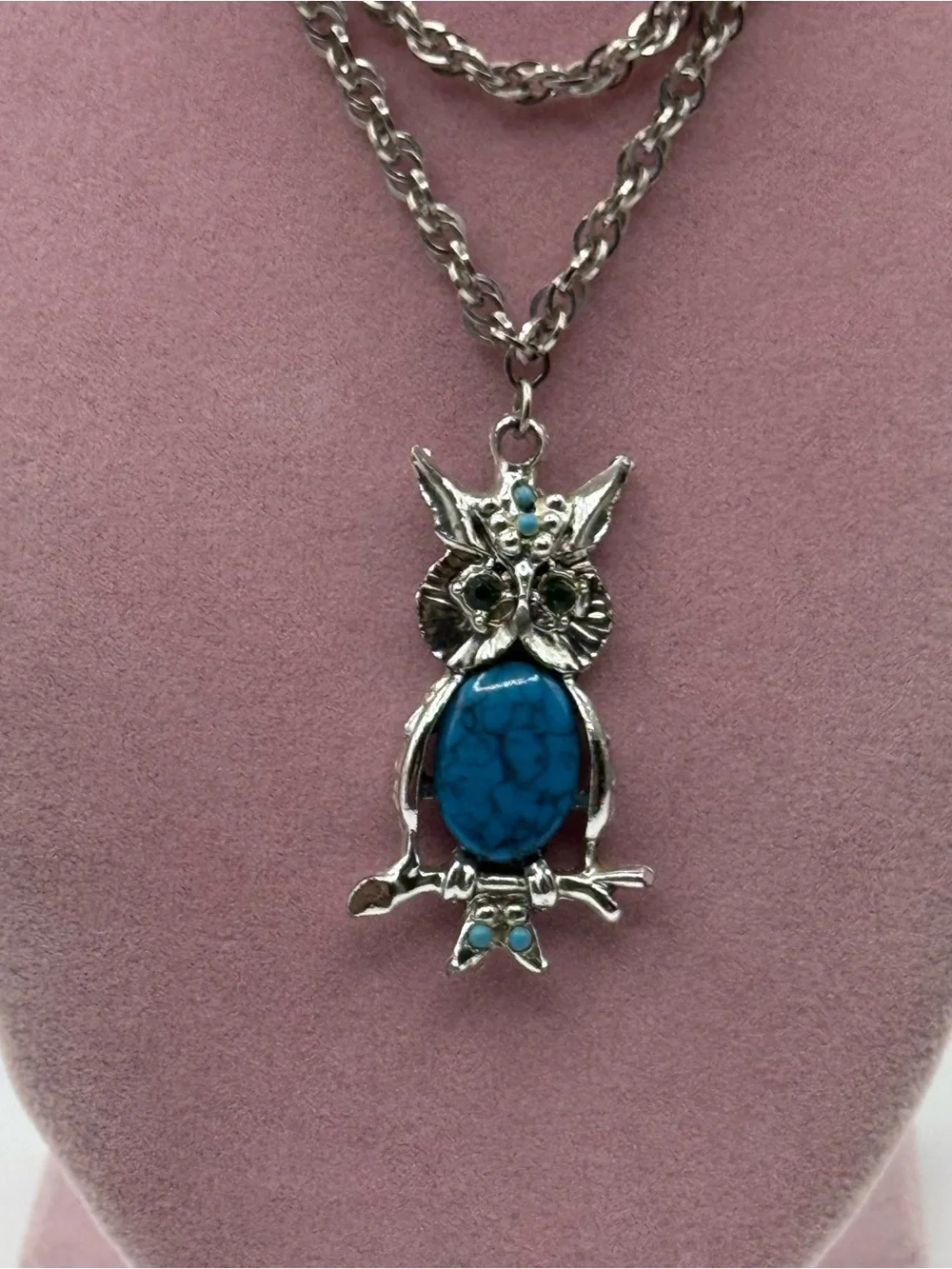 Silver tone Owl Pendant Necklace with Blue Stone
